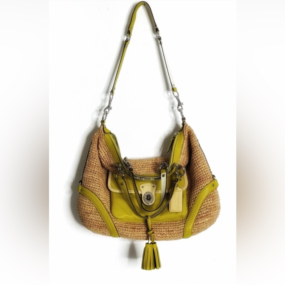 Coach Bag Straw Shoulder Satchel Leather Trim Natural Lime Green Silver Hardware